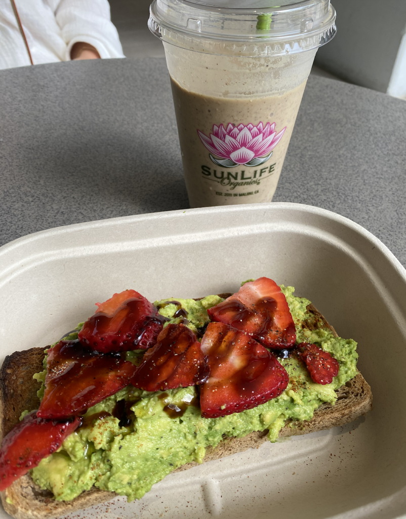 Sunlife Organics gluten free avocado toast and smoothie in Miami